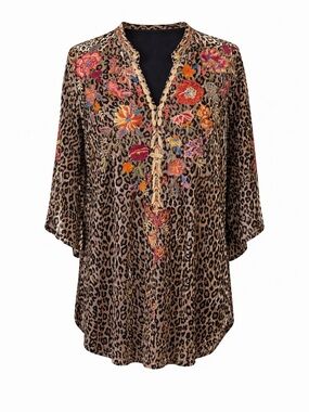 Johnny Was Velvet Leopard Embroidered Boho Tunic Blouse XL Luxe Chic